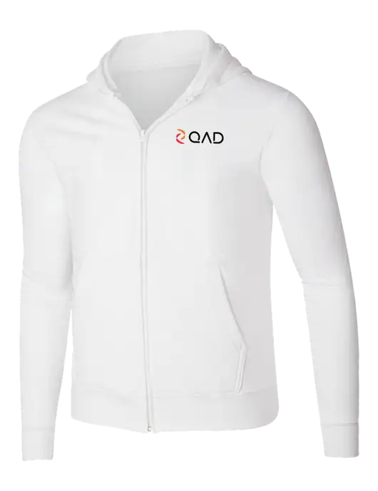 White 8.5 oz Ring Spun Zip Hooded Sweatshirt w/QAD Logo