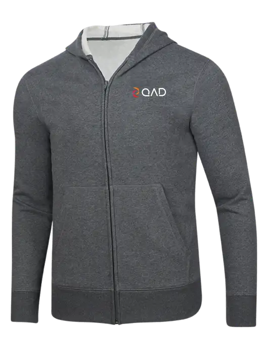 Full-Zip Dark Grey Heather Heavyweight Hooded Sweatshirt w/QAD Logo
